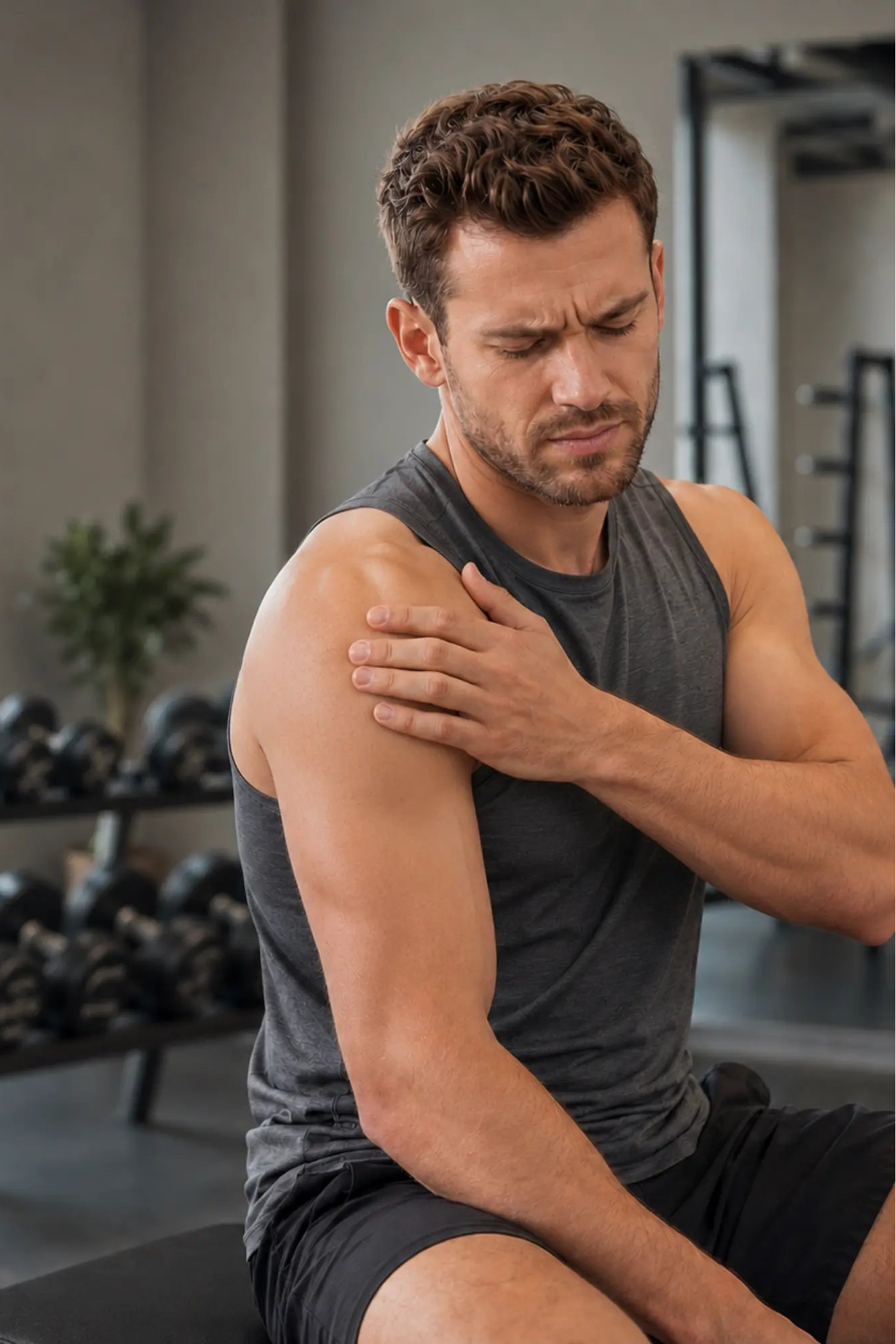 Man in a gym holding his painful shoulder, surrounded by weights and gym equipment.